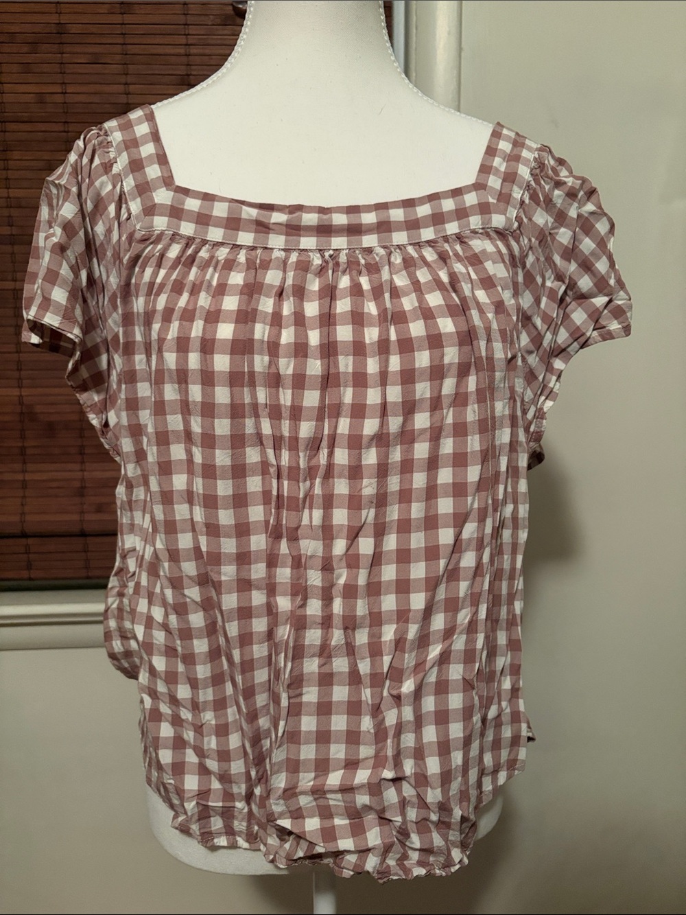 LOFT Cream and White Gingham Square-Neck Blouse